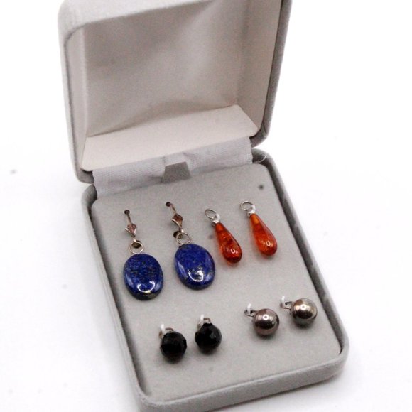 Sterling Silver Lapis Onyx Multi Stones Interchangeable NOS Dangle Drop Earrings - Picture 8 of 11